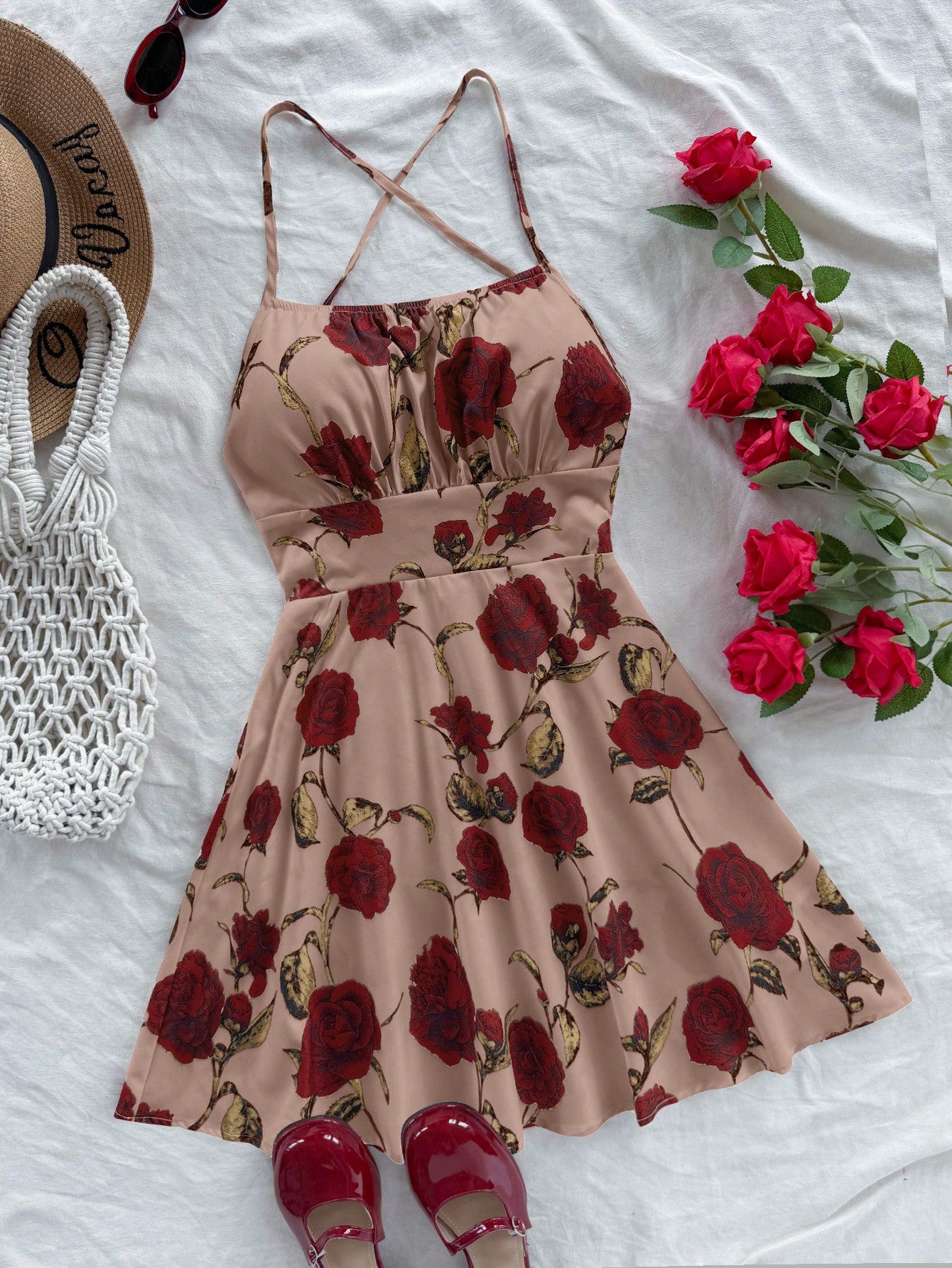 Soleia Women's Beige Red Floral Spaghetti Strap Backless A-Line Mini Dress, Boho Holiday Vacation Dress For Beach Cruise Valentine's Day No Chest Padding