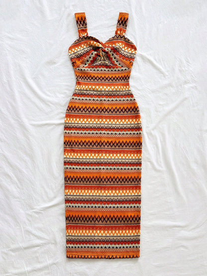 Soleia Women's Bohemian Style Twist Contrast Striped Sleeveless Split Midi Dress, Summer Fashion No Chest Padding