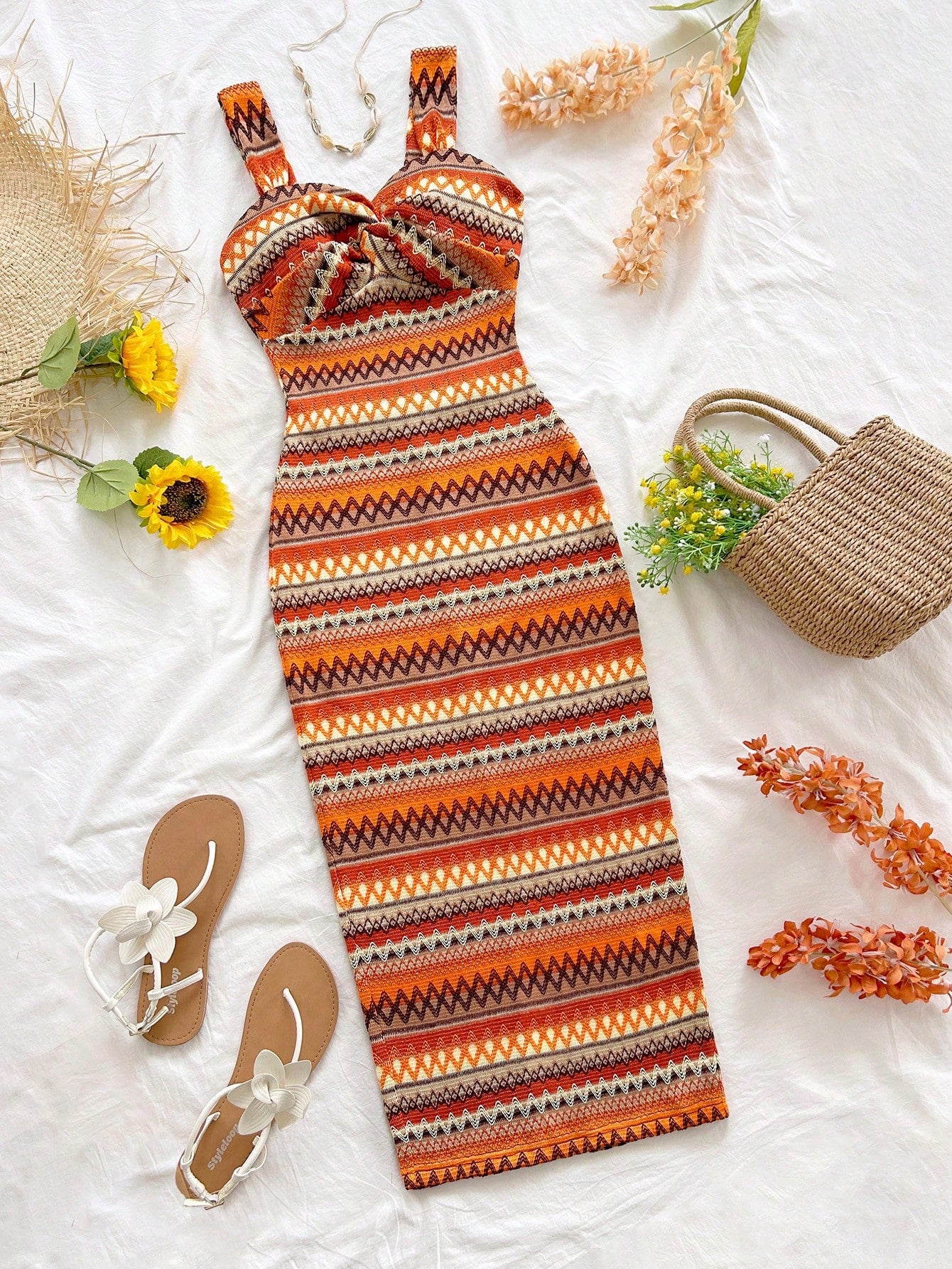 Soleia Women's Bohemian Style Twist Contrast Striped Sleeveless Split Midi Dress, Summer Fashion No Chest Padding