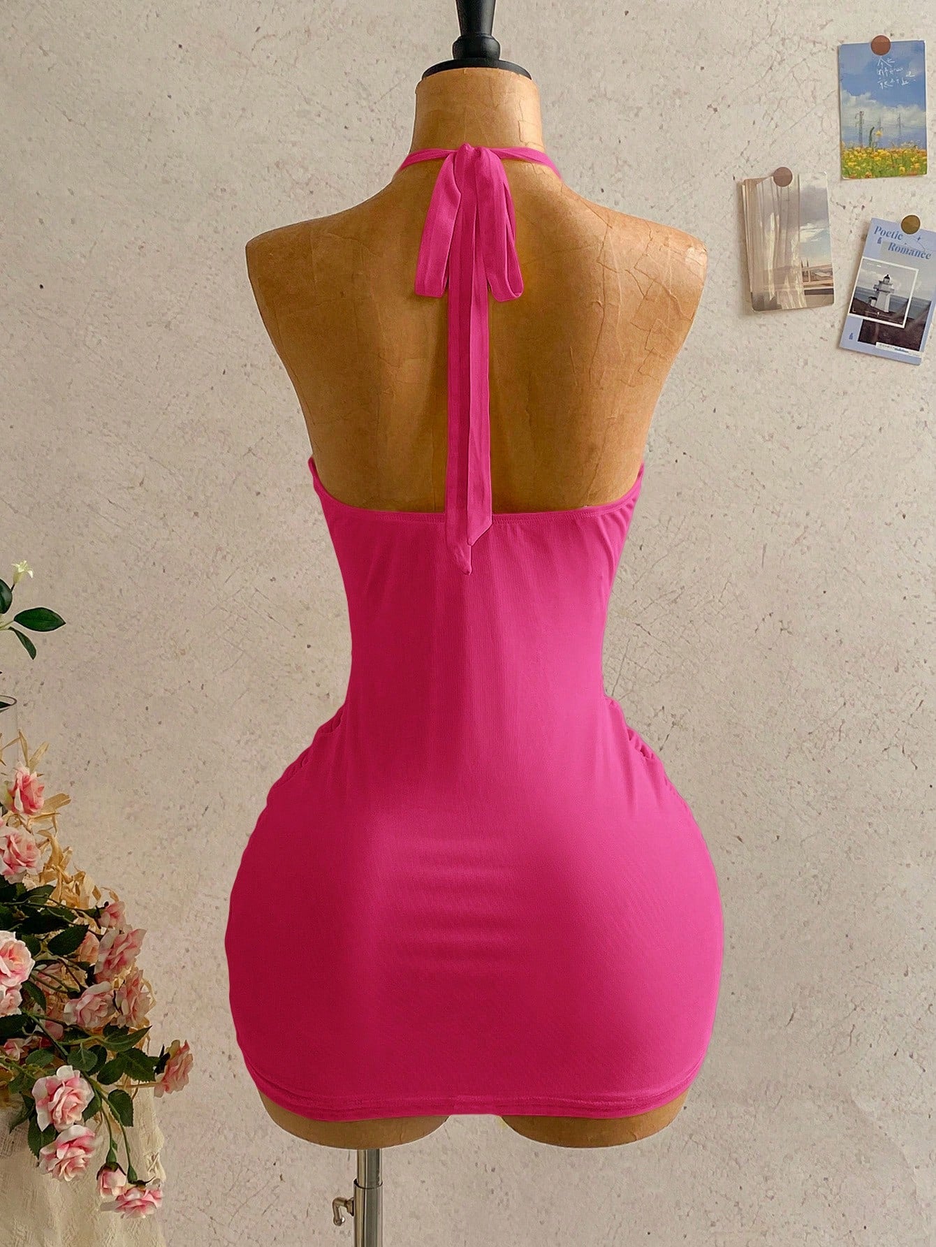 Soleia Women's Casual Vacation Sexy Ribbon Halter Bowknot Ruched Bodycon Dress, Suitable For Beach, Cruise, City,Dresses For Women Summer