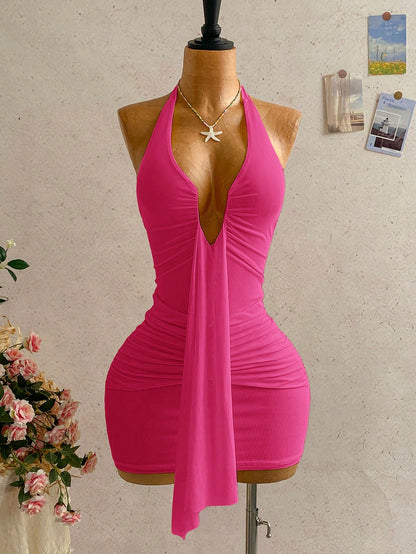 Soleia Women's Casual Vacation Sexy Ribbon Halter Bowknot Ruched Bodycon Dress, Suitable For Beach, Cruise, City,Dresses For Women Summer