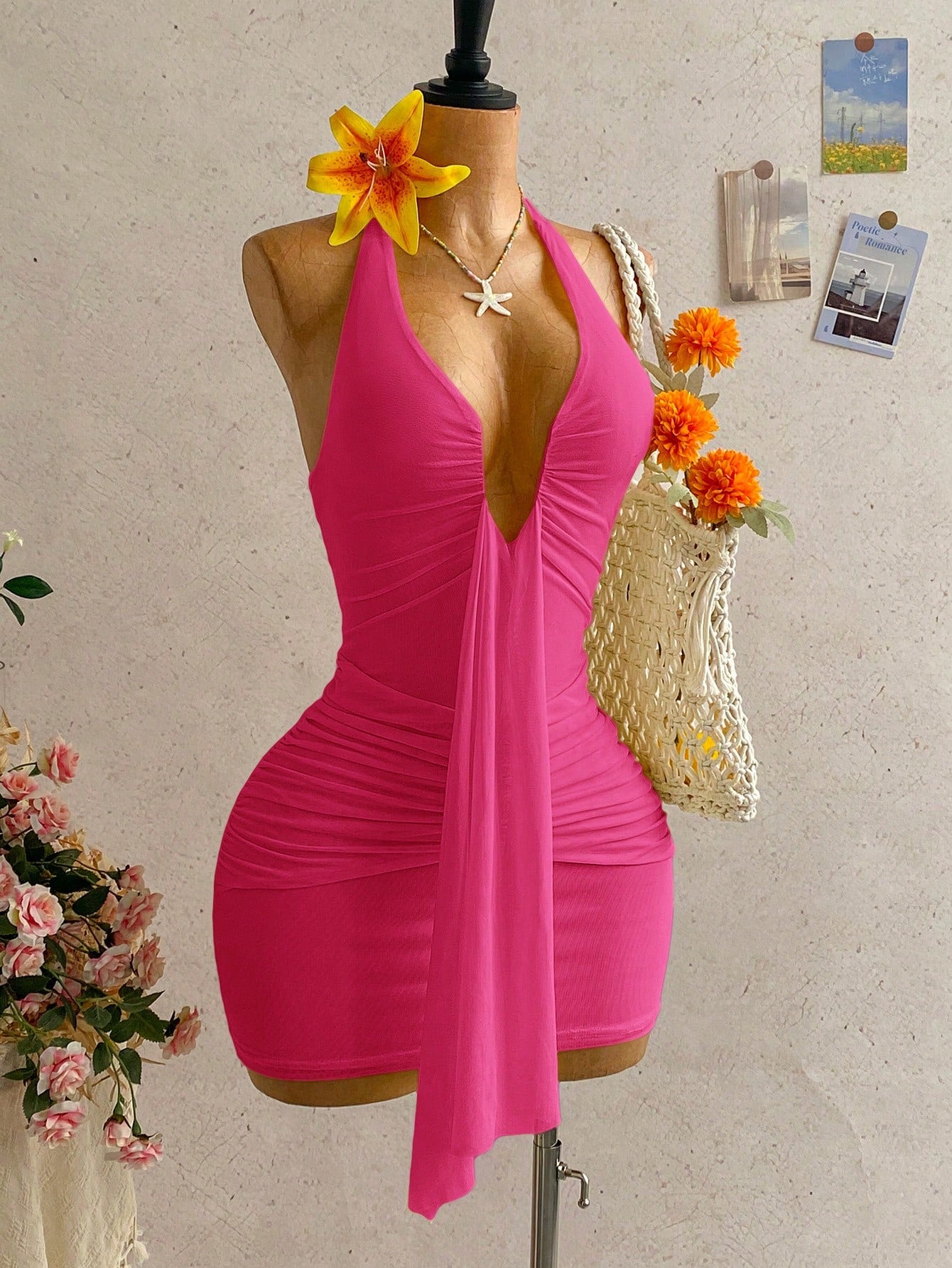 Soleia Women's Casual Vacation Sexy Ribbon Halter Bowknot Ruched Bodycon Dress, Suitable For Beach, Cruise, City,Dresses For Women Summer