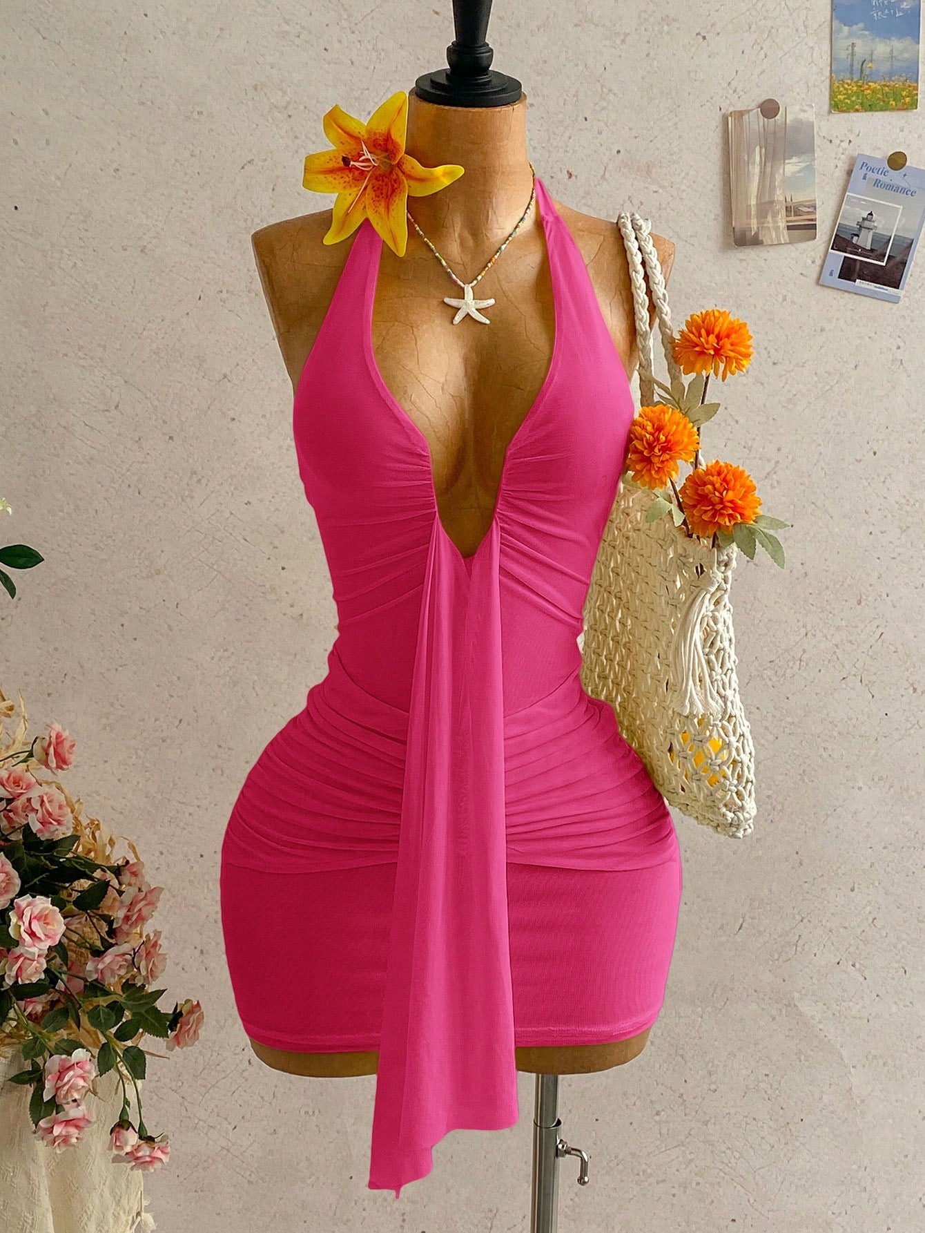Soleia Women's Casual Vacation Sexy Ribbon Halter Bowknot Ruched Bodycon Dress, Suitable For Beach, Cruise, City,Dresses For Women Summer