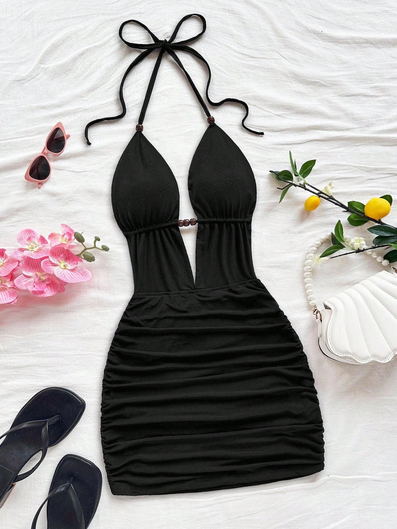 Soleia Women's Deep V Neck Tie Strap Backless Mini Dress,Ruched Bodycon Fit,Chic Black Summer Club Fashionable Beach No Chest Padding