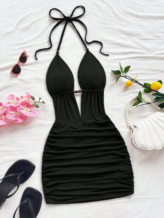 Soleia Women's Deep V Neck Tie Strap Backless Mini Dress,Ruched Bodycon Fit,Chic Black Summer Club Fashionable Beach No Chest Padding