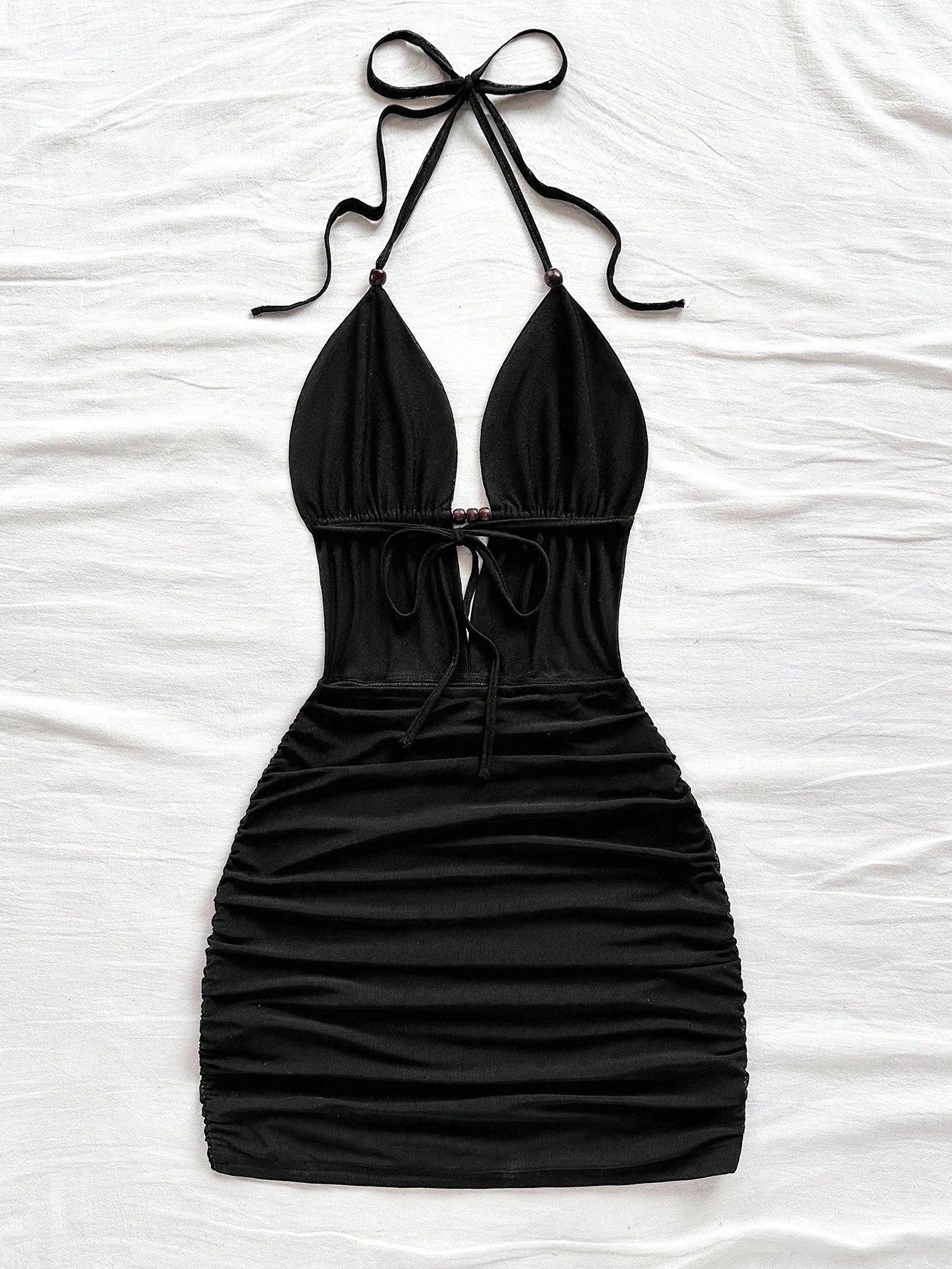Soleia Women's Deep V Neck Tie Strap Backless Mini Dress,Ruched Bodycon Fit,Chic Black Summer Club Fashionable Beach No Chest Padding