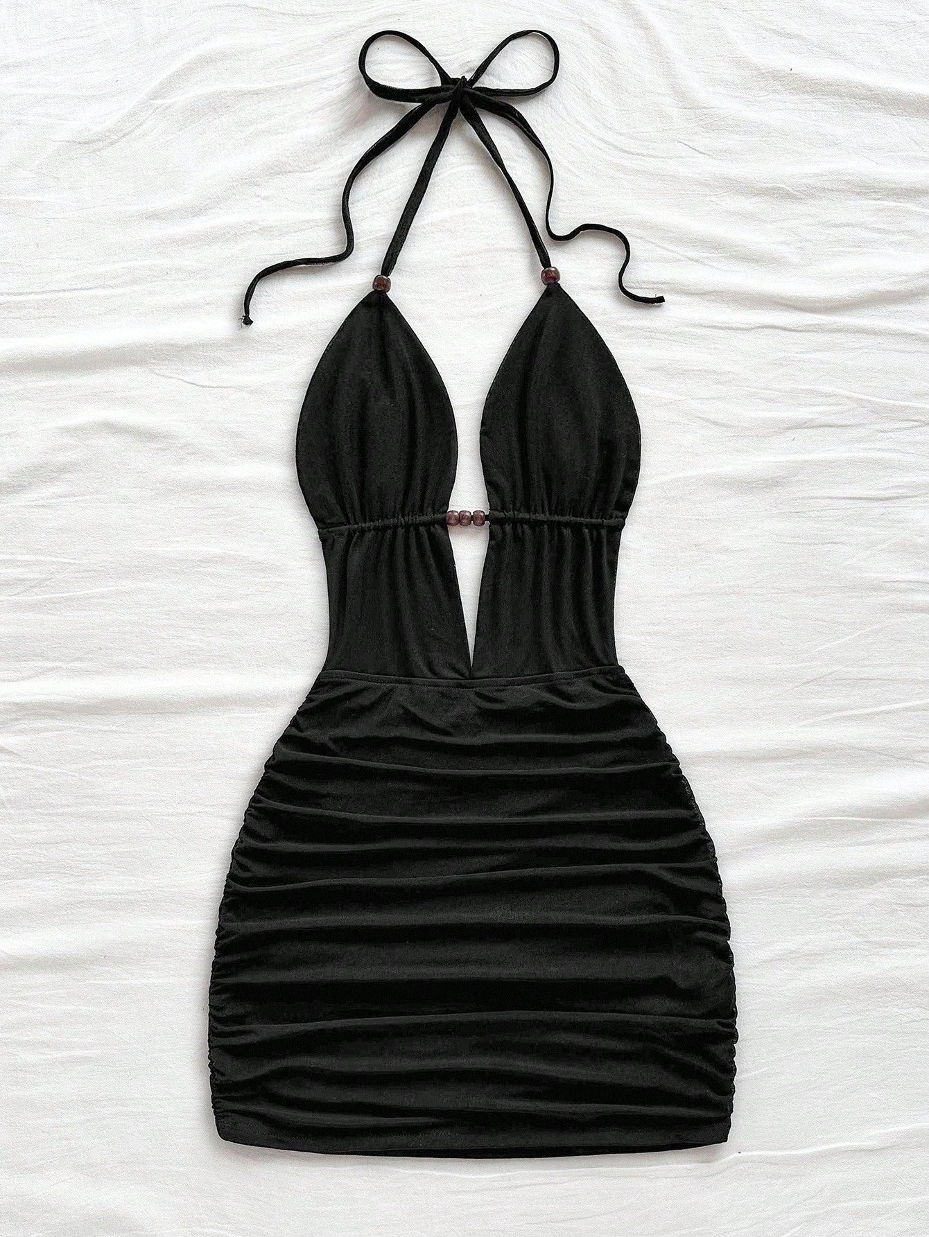 Soleia Women's Deep V Neck Tie Strap Backless Mini Dress,Ruched Bodycon Fit,Chic Black Summer Club Fashionable Beach No Chest Padding