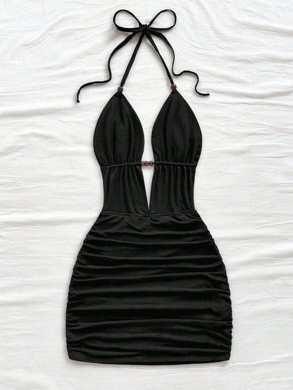 Soleia Women's Deep V Neck Tie Strap Backless Mini Dress,Ruched Bodycon Fit,Chic Black Summer Club Fashionable Beach No Chest Padding