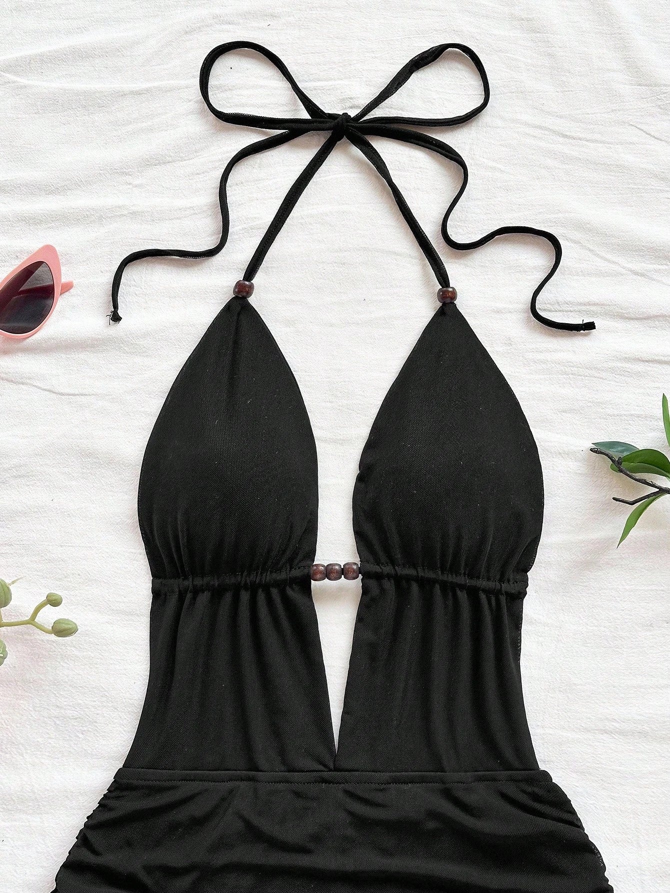 Soleia Women's Deep V Neck Tie Strap Backless Mini Dress,Ruched Bodycon Fit,Chic Black Summer Club Fashionable Beach No Chest Padding