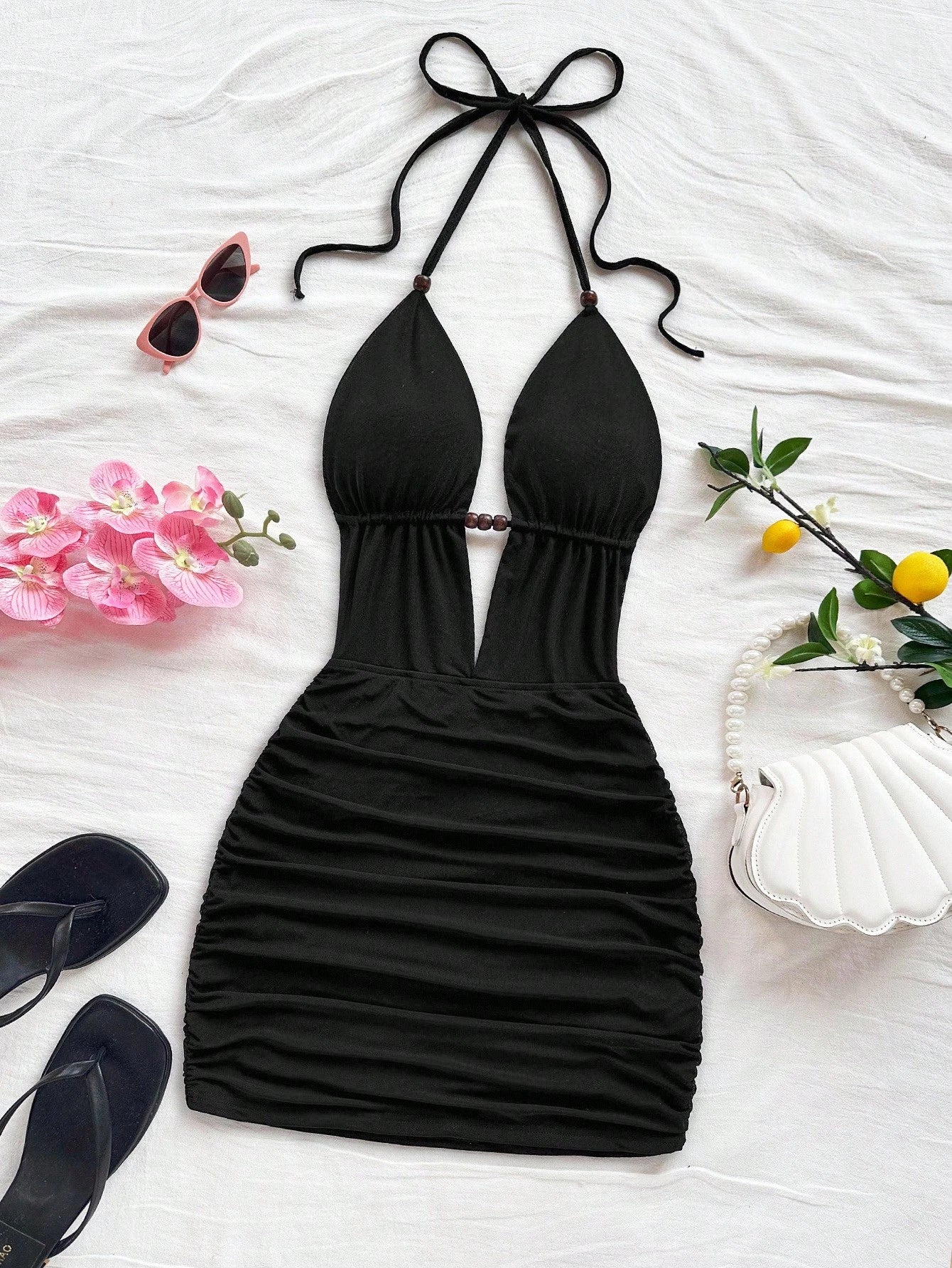 Soleia Women's Deep V Neck Tie Strap Backless Mini Dress,Ruched Bodycon Fit,Chic Black Summer Club Fashionable Beach No Chest Padding