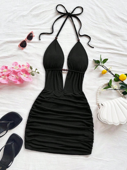 Soleia Women's Deep V Neck Tie Strap Backless Mini Dress,Ruched Bodycon Fit,Chic Black Summer Club Fashionable Beach No Chest Padding