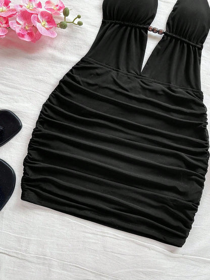 Soleia Women's Deep V Neck Tie Strap Backless Mini Dress,Ruched Bodycon Fit,Chic Black Summer Club Fashionable Beach No Chest Padding