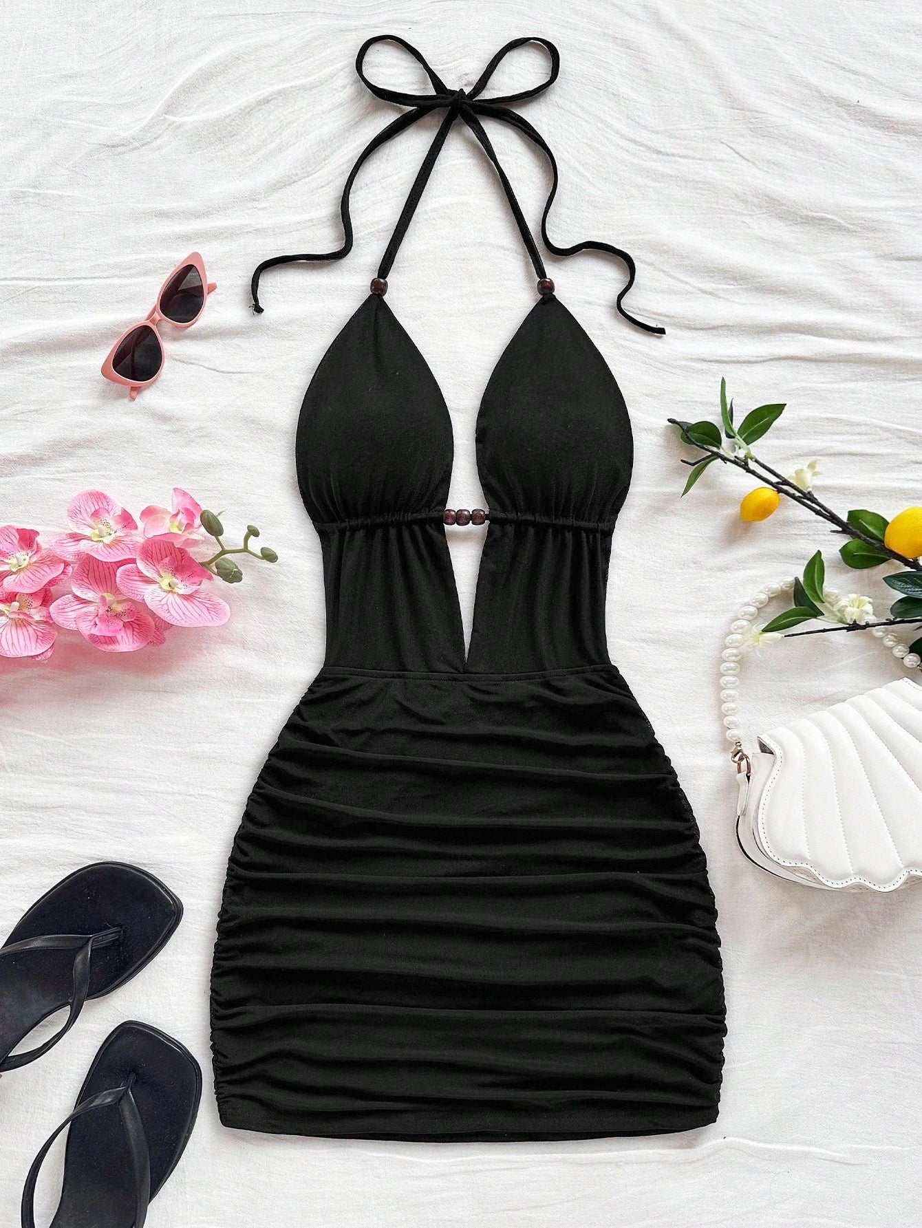 Soleia Women's Deep V Neck Tie Strap Backless Mini Dress,Ruched Bodycon Fit,Chic Black Summer Club Fashionable Beach No Chest Padding