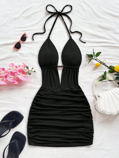 Soleia Women's Deep V Neck Tie Strap Backless Mini Dress,Ruched Bodycon Fit,Chic Black Summer Club Fashionable Beach No Chest Padding