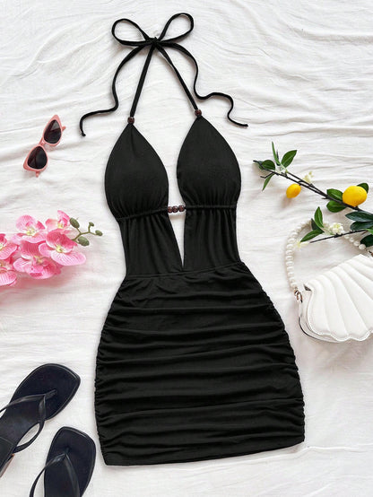 Soleia Women's Deep V Neck Tie Strap Backless Mini Dress,Ruched Bodycon Fit,Chic Black Summer Club Fashionable Beach No Chest Padding