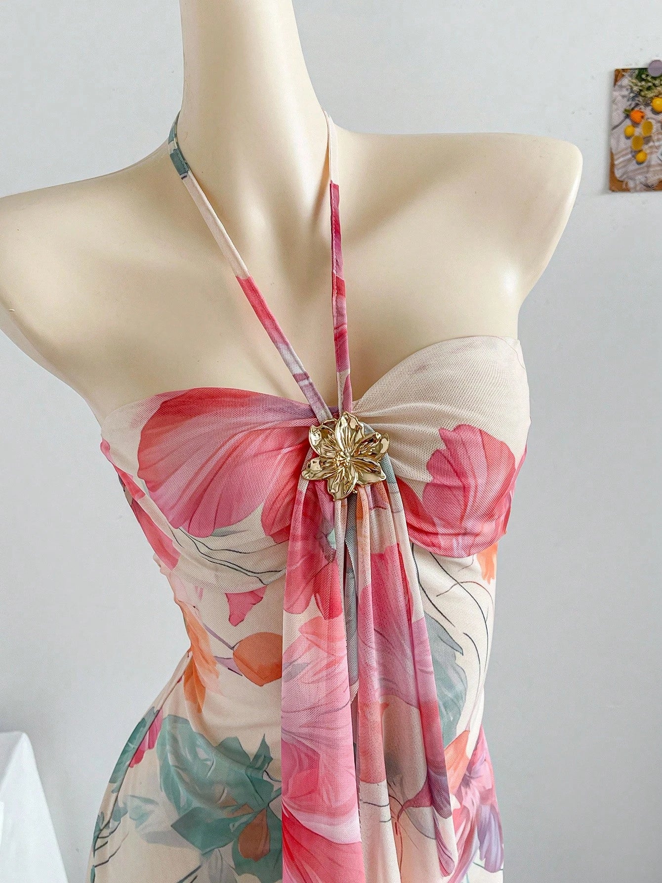 Soleia Women's Floral Print Tie Design Fishtail Hem Fitted Elegant Romantic Dress, Suitable For Vacation Vacation Beige Summer