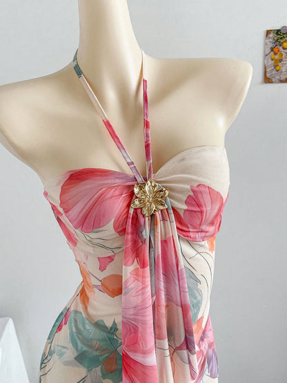 Soleia Women's Floral Print Tie Design Fishtail Hem Fitted Elegant Romantic Dress, Suitable For Vacation Vacation Beige Summer