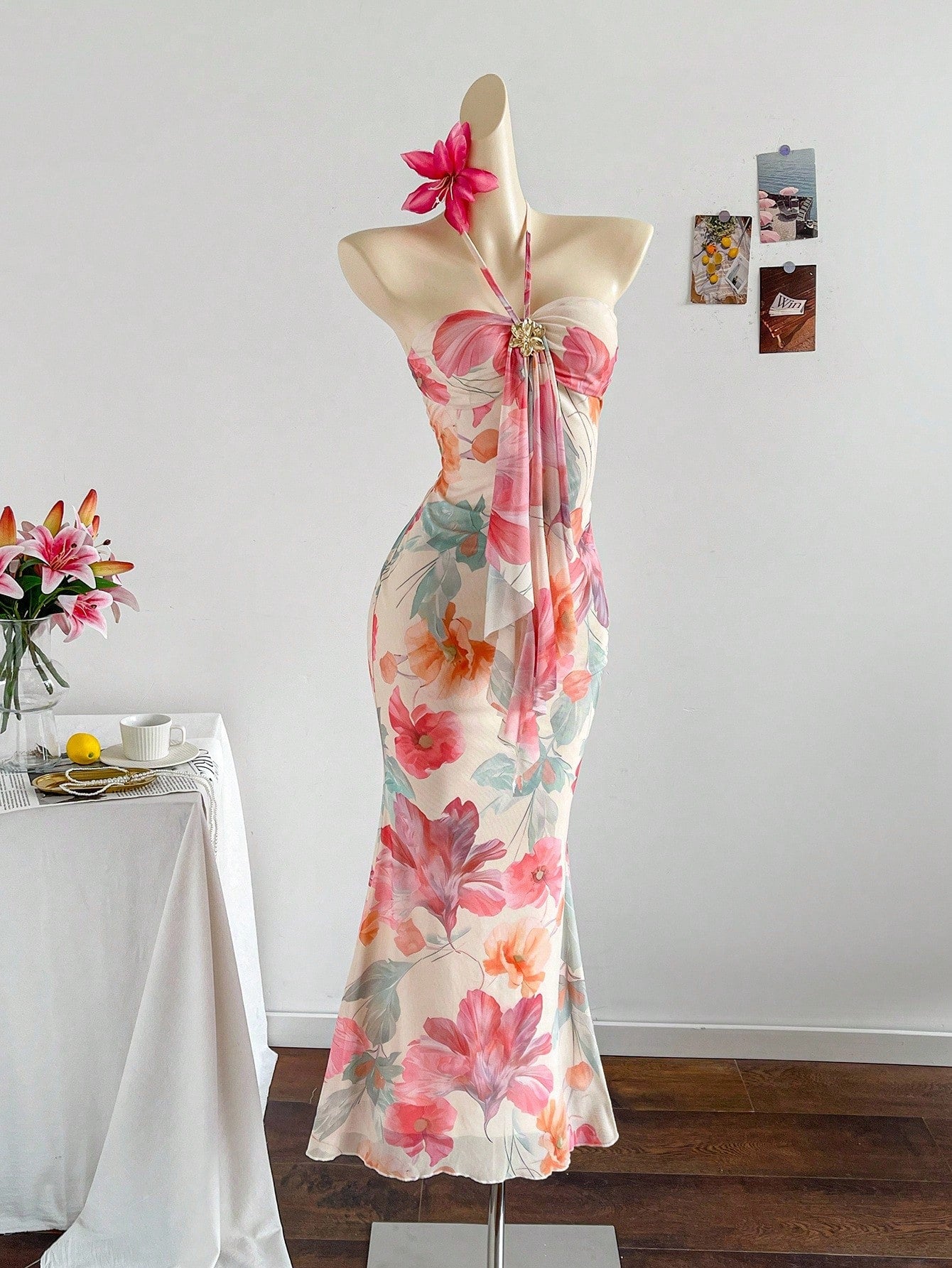Soleia Women's Floral Print Tie Design Fishtail Hem Fitted Elegant Romantic Dress, Suitable For Vacation Vacation Beige Summer