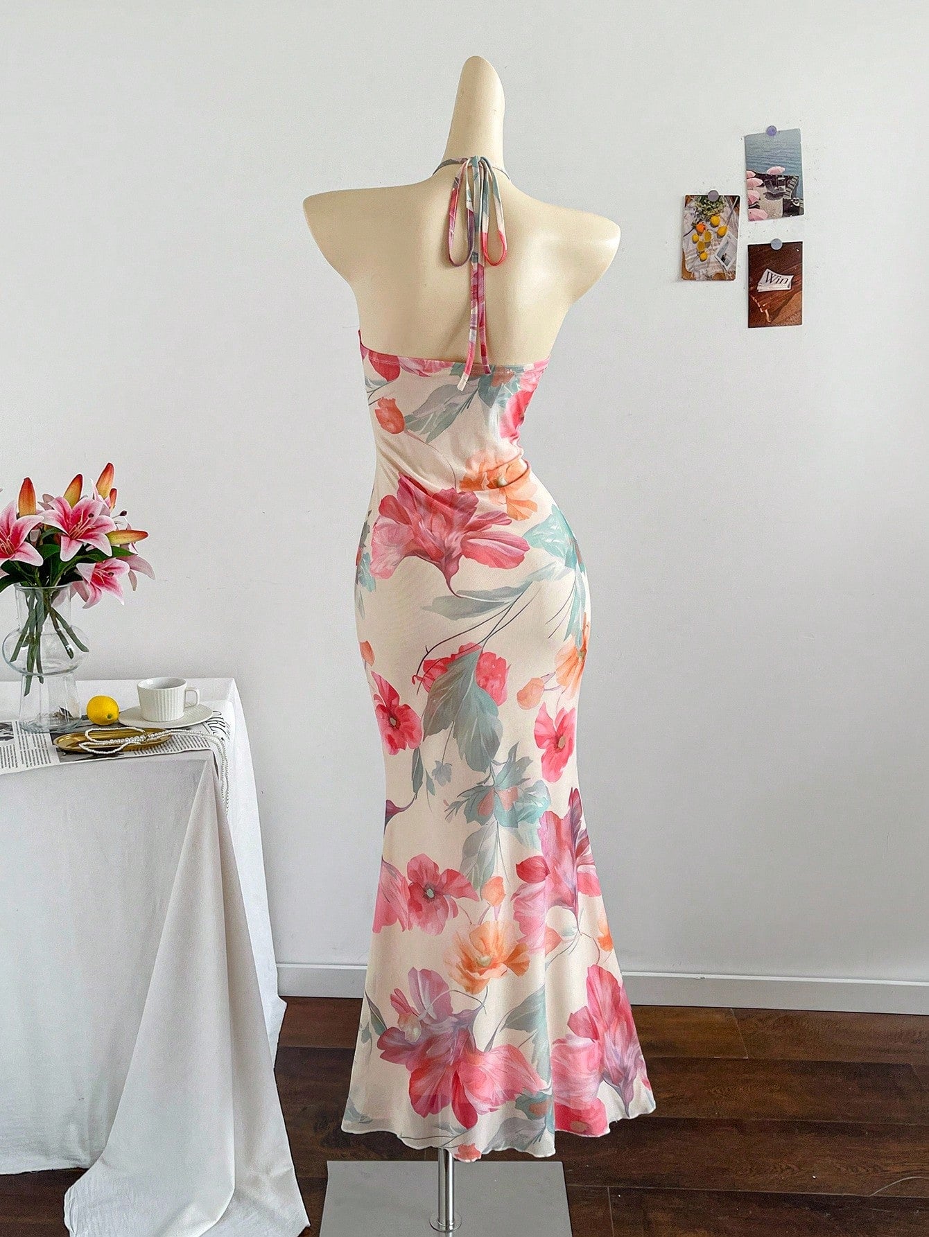 Soleia Women's Floral Print Tie Design Fishtail Hem Fitted Elegant Romantic Dress, Suitable For Vacation Vacation Beige Summer