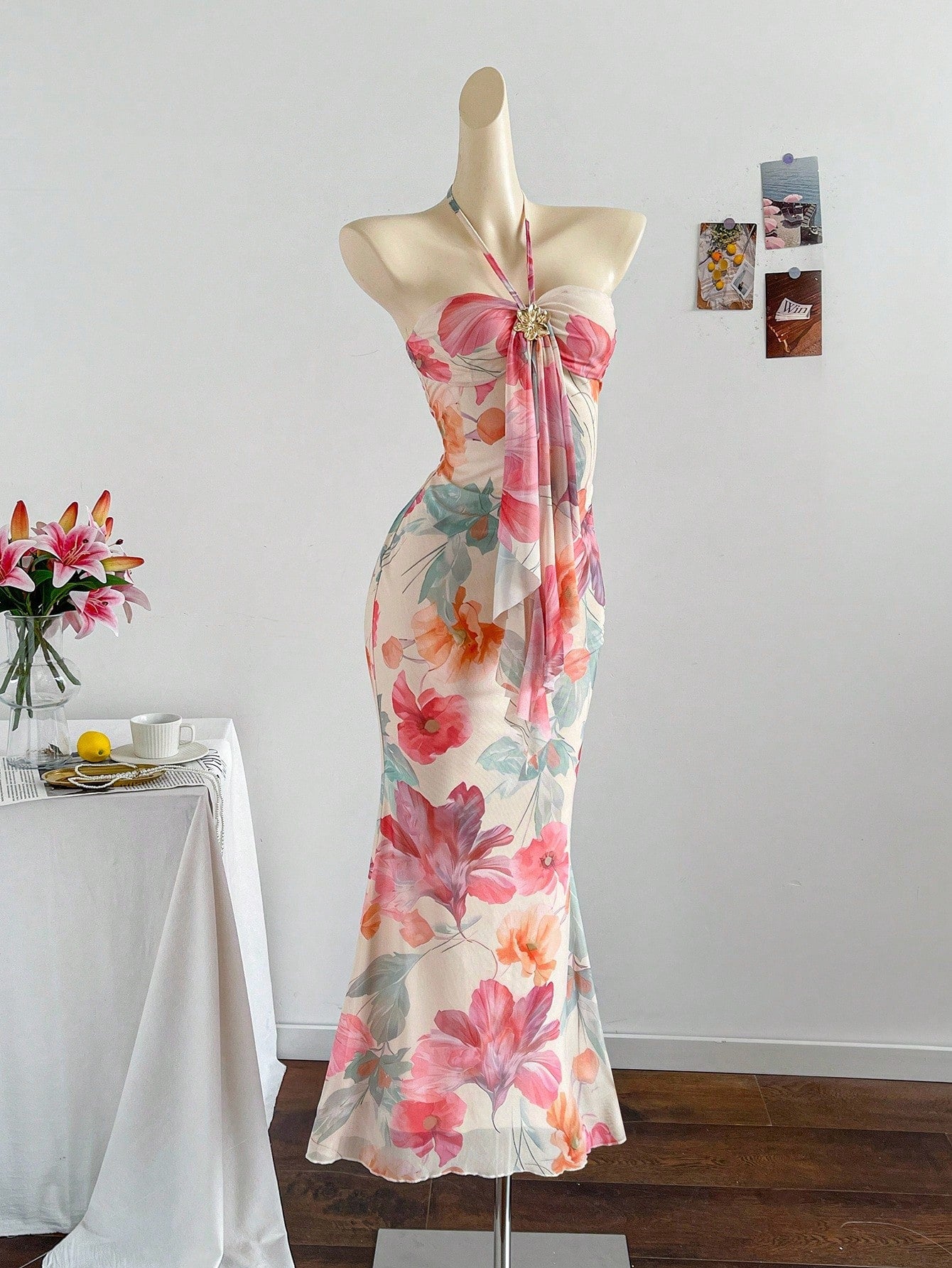 Soleia Women's Floral Print Tie Design Fishtail Hem Fitted Elegant Romantic Dress, Suitable For Vacation Vacation Beige Summer
