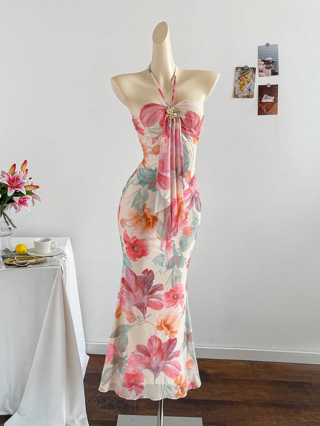 Soleia Women's Floral Print Tie Design Fishtail Hem Fitted Elegant Romantic Dress, Suitable For Vacation Vacation Beige Summer