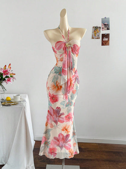 Soleia Women's Floral Print Tie Design Fishtail Hem Fitted Elegant Romantic Dress, Suitable For Vacation Vacation Beige Summer