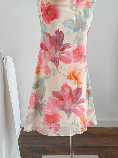 Soleia Women's Floral Print Tie Design Fishtail Hem Fitted Elegant Romantic Dress, Suitable For Vacation Vacation Beige Summer