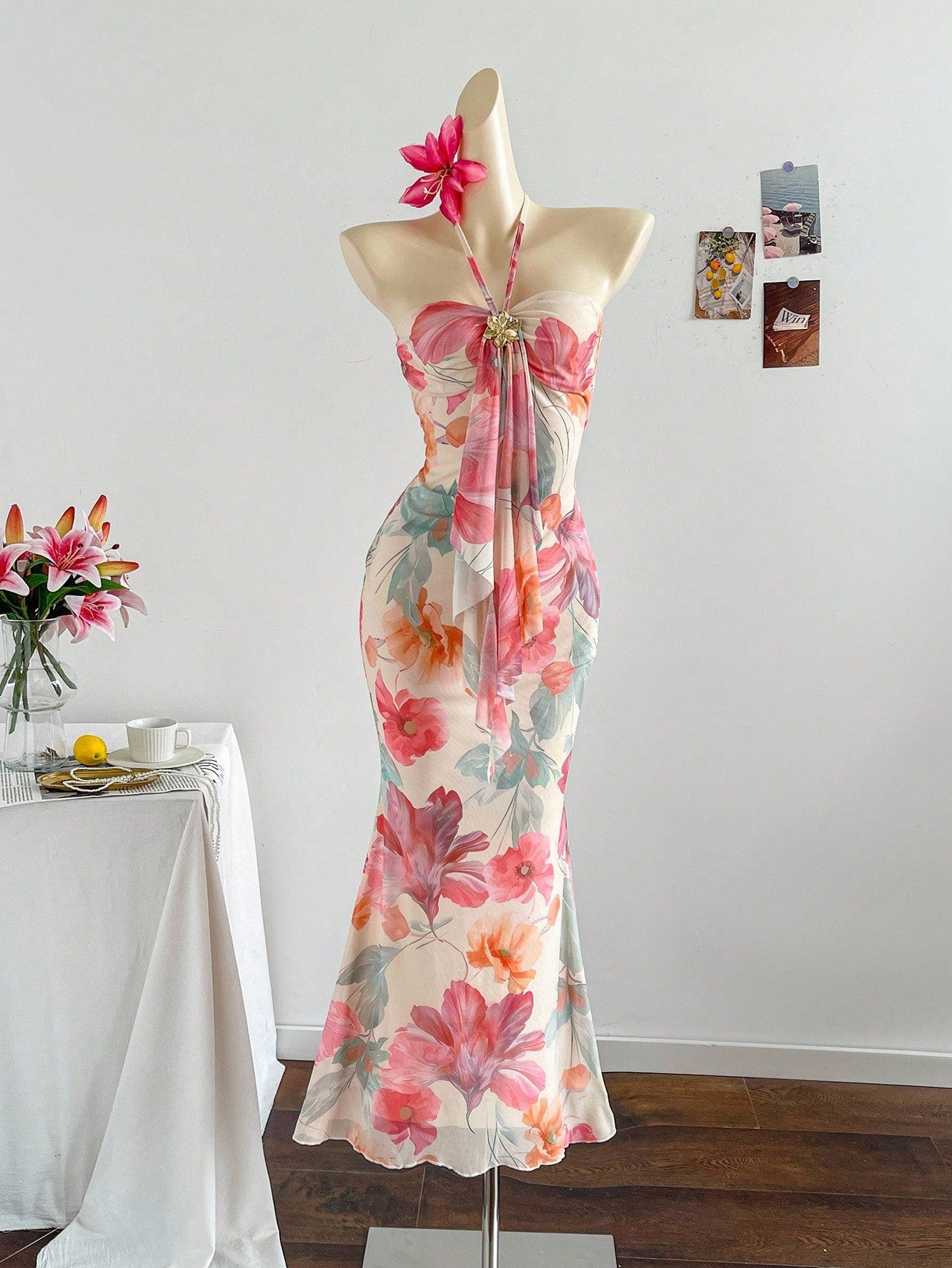 Soleia Women's Floral Print Tie Design Fishtail Hem Fitted Elegant Romantic Dress, Suitable For Vacation Vacation Beige Summer