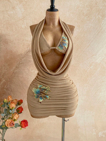 Soleia Women's Floral Sequin Draped Neck Sexy Mini Dress,Summer Dresses For Women