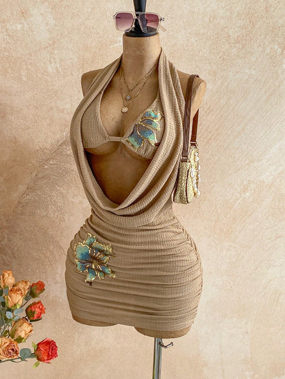 Soleia Women's Floral Sequin Draped Neck Sexy Mini Dress,Summer Dresses For Women