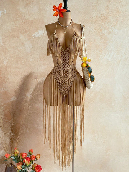 Soleia Women's Hollow Out Design Halter Tassel Jumpsuit For Vacation