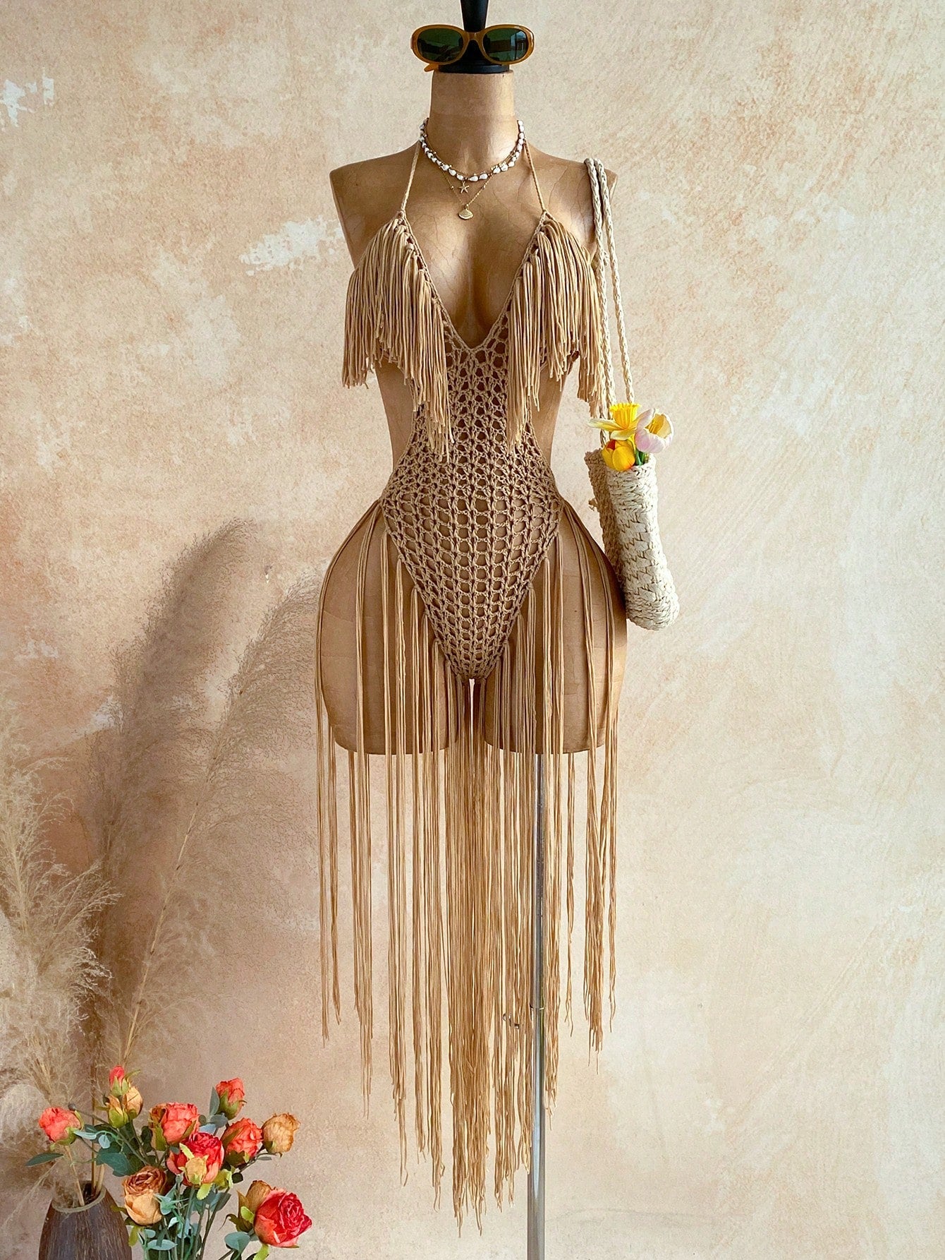 Soleia Women's Hollow Out Design Halter Tassel Jumpsuit For Vacation