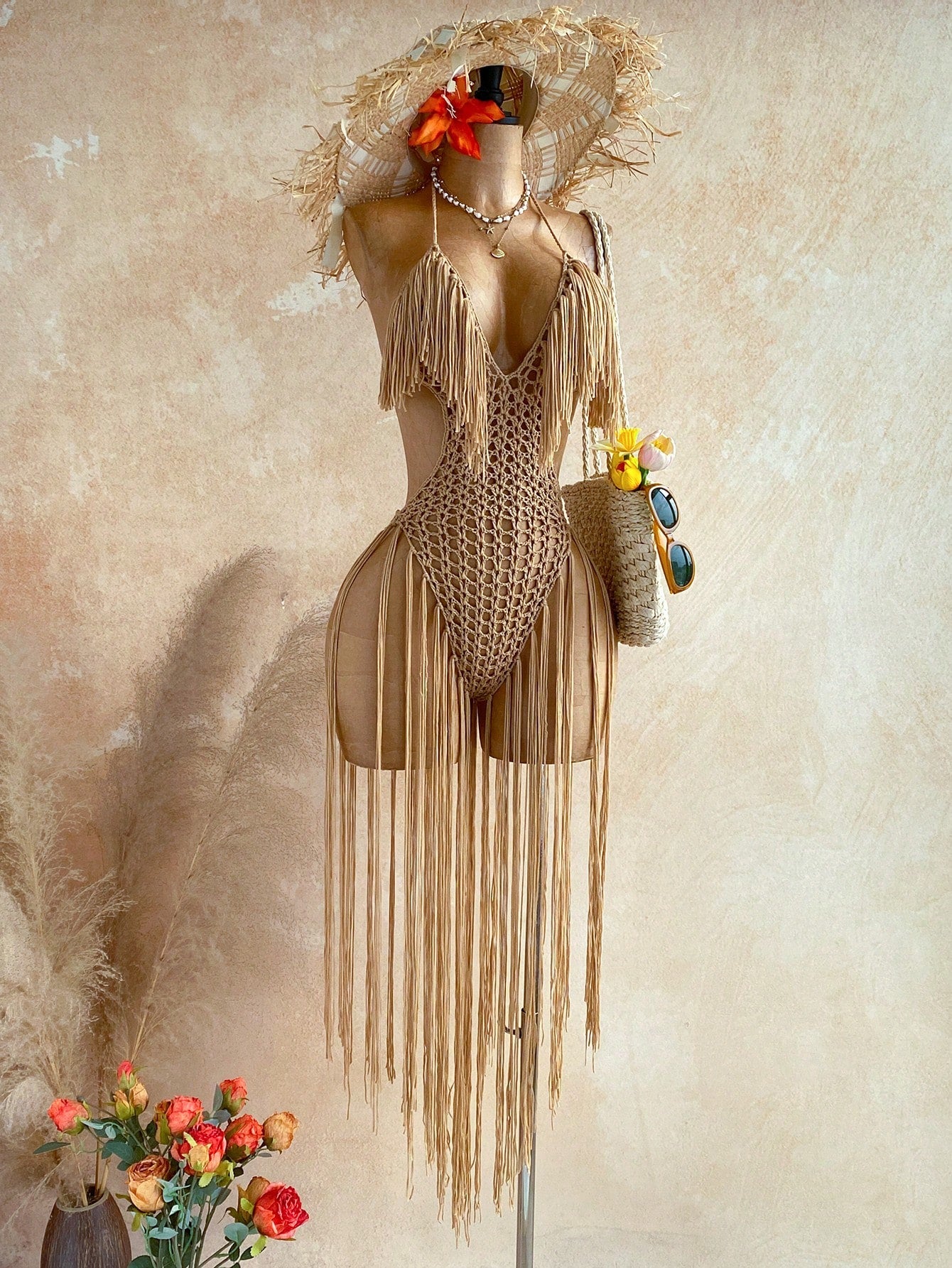 Soleia Women's Hollow Out Design Halter Tassel Jumpsuit For Vacation
