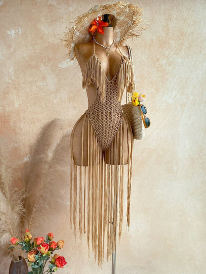 Soleia Women's Hollow Out Design Halter Tassel Jumpsuit For Vacation