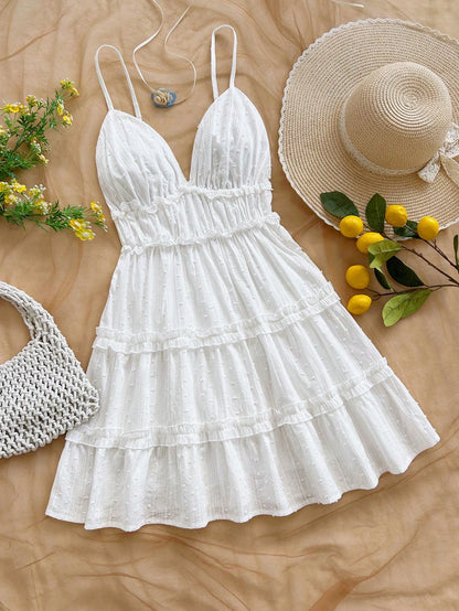 Soleia Women's Jacquard Layered Frill Trim Spaghetti Strap White Polka Dot Dress, Vacation Outfits Elegant Party Wedding Guest Beach Dress No Chest Padding