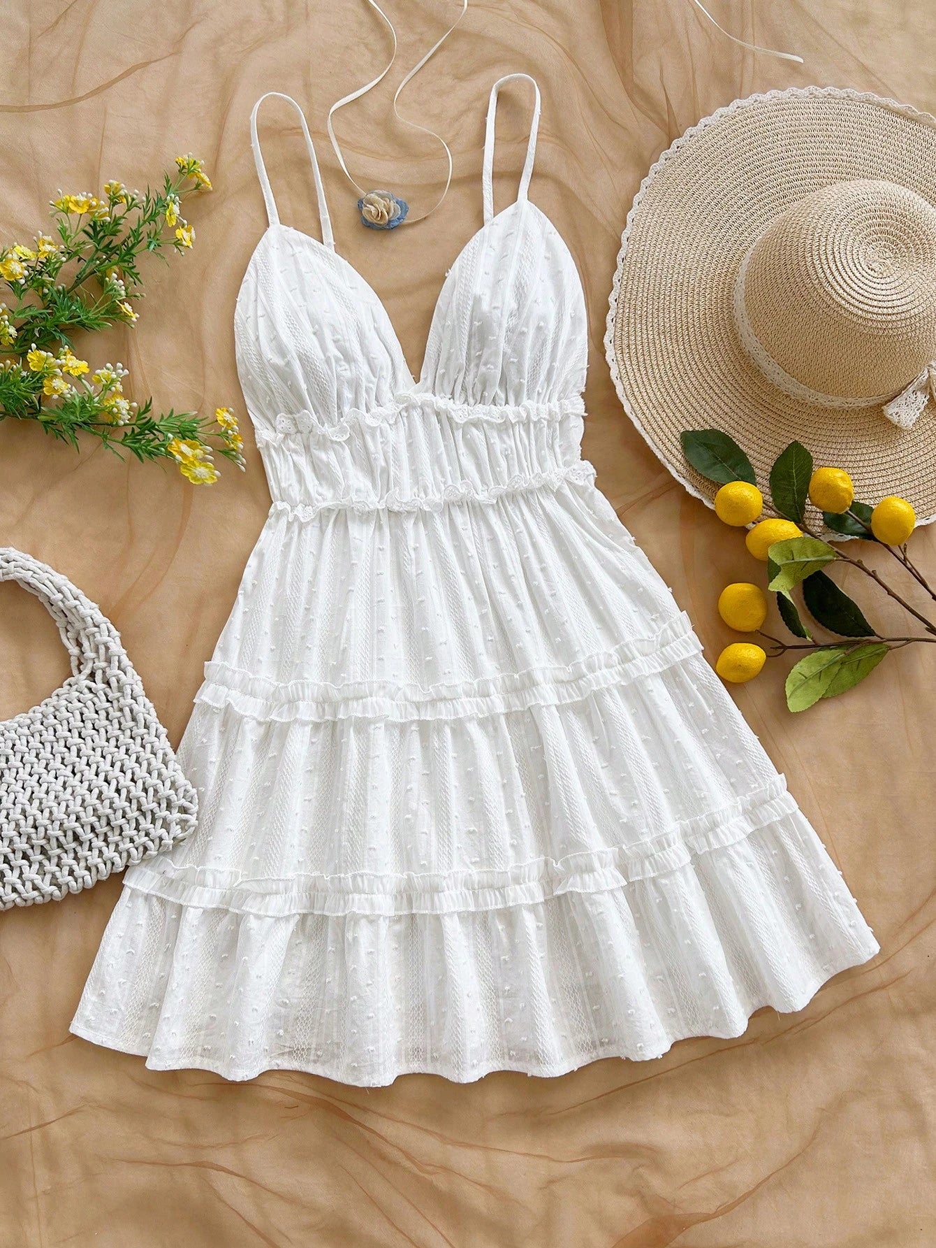 Soleia Women's Jacquard Layered Frill Trim Spaghetti Strap White Polka Dot Dress, Vacation Outfits Elegant Party Wedding Guest Beach Dress No Chest Padding
