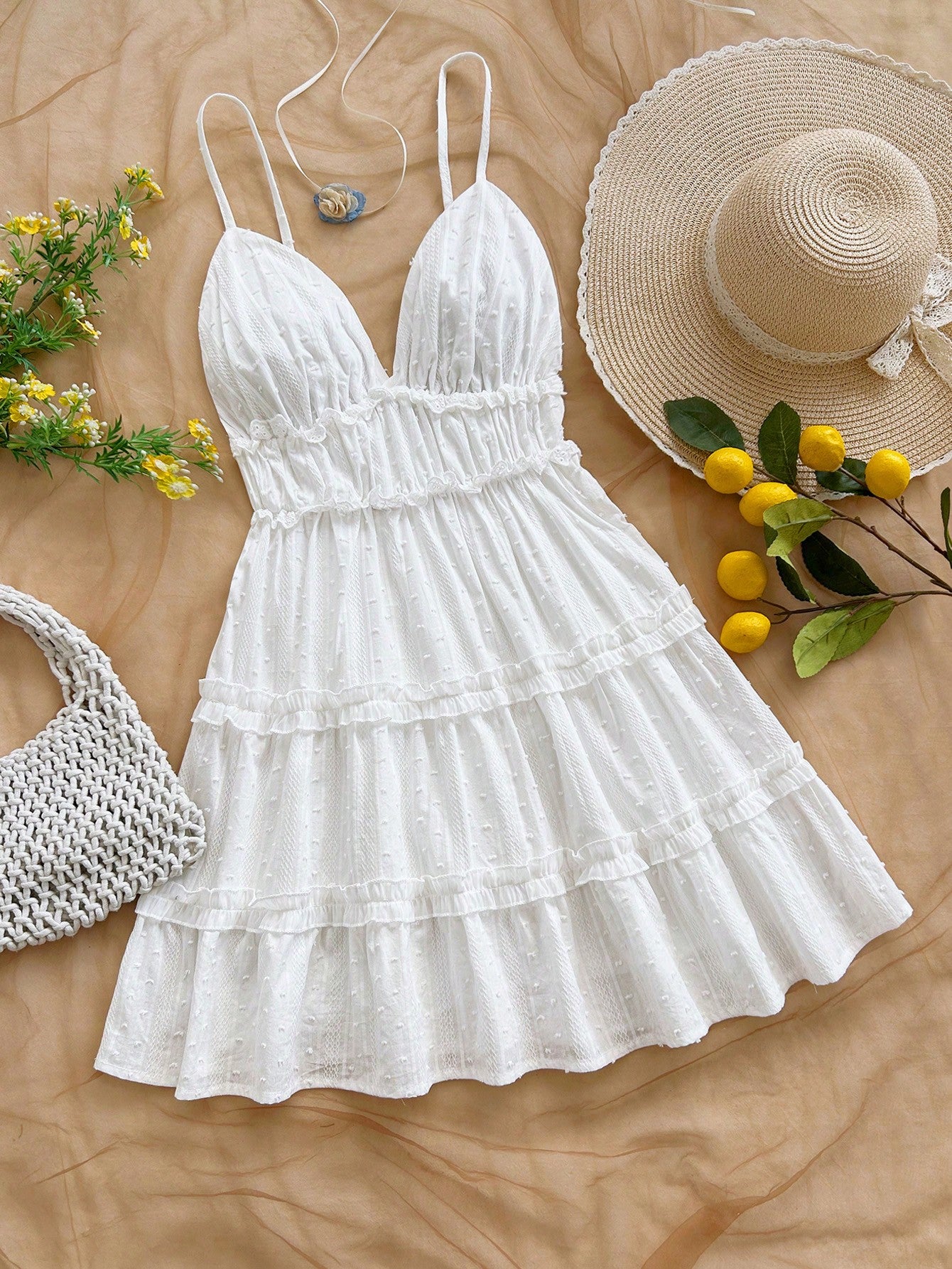 Soleia Women's Jacquard Layered Frill Trim Spaghetti Strap White Polka Dot Dress, Vacation Outfits Elegant Party Wedding Guest Beach Dress No Chest Padding