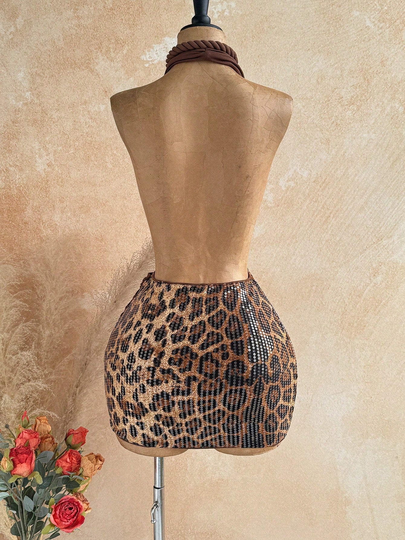 Soleia Women's Leopard Print Patchwork Halter Neck Backless Pleated Sexy Date Mini Dress