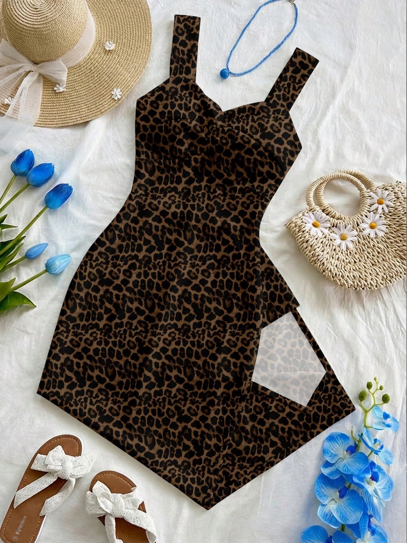 Soleia Women's Leopard Print Retro Elegant Pattern Sleeveless Midi Dress, Suitable For Outings, Vacations, Weddings, Parties, Birthdays