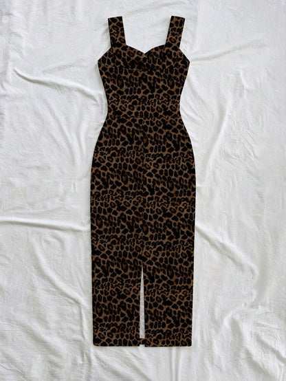 Soleia Women's Leopard Print Retro Elegant Pattern Sleeveless Midi Dress, Suitable For Outings, Vacations, Weddings, Parties, Birthdays