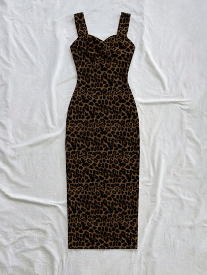 Soleia Women's Leopard Print Retro Elegant Pattern Sleeveless Midi Dress, Suitable For Outings, Vacations, Weddings, Parties, Birthdays