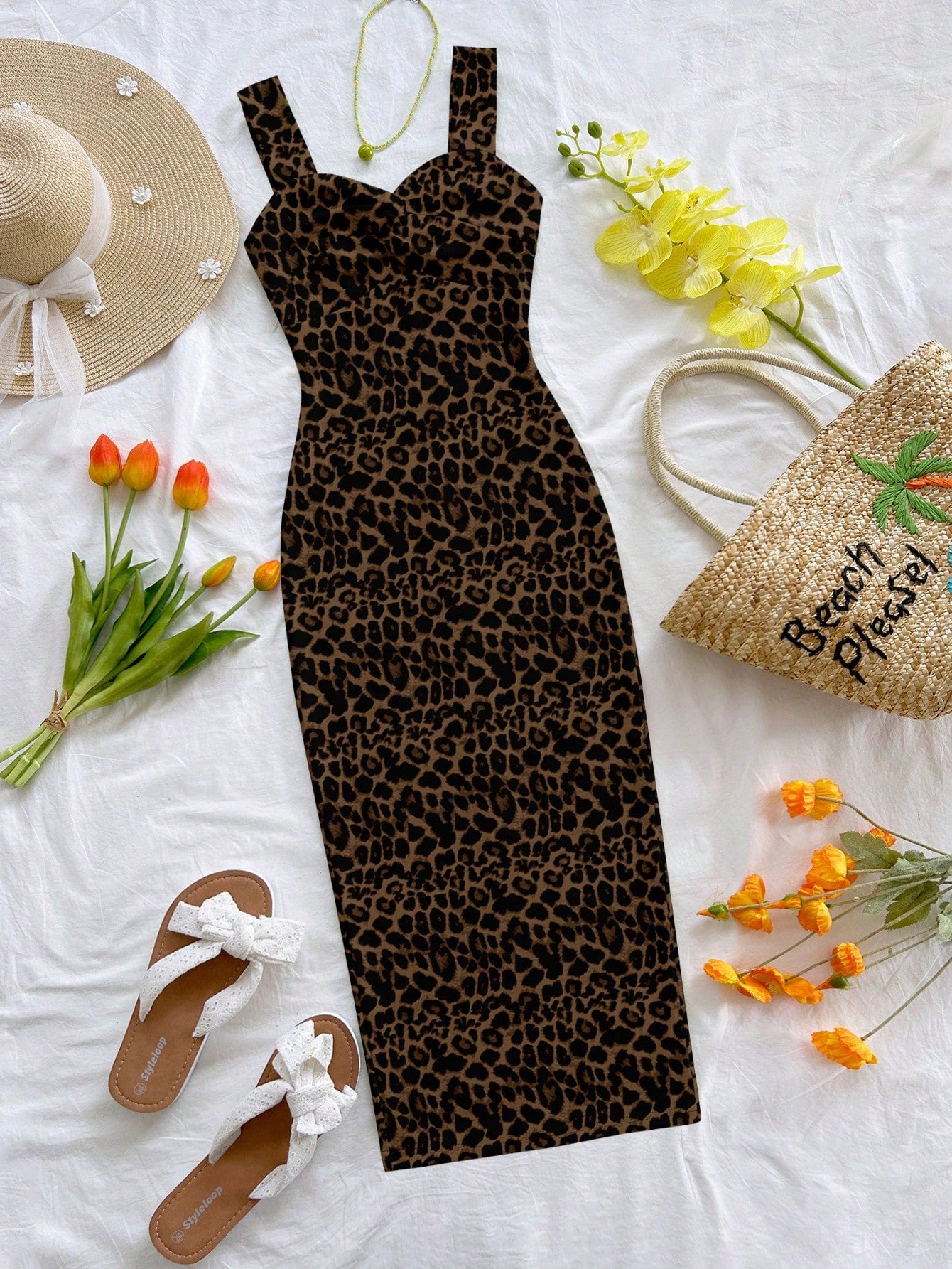Soleia Women's Leopard Print Retro Elegant Pattern Sleeveless Midi Dress, Suitable For Outings, Vacations, Weddings, Parties, Birthdays