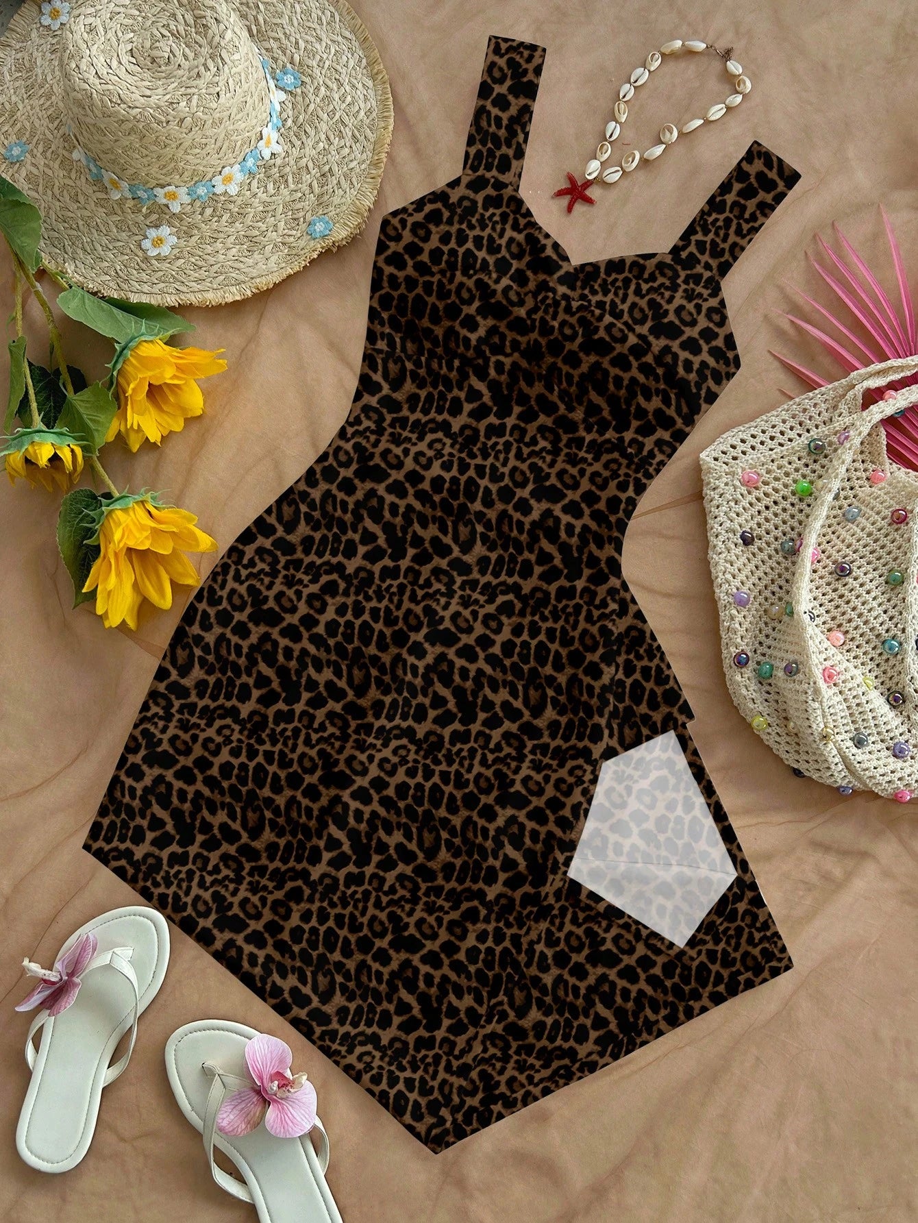 Soleia Women's Leopard Print Retro Elegant Pattern Sleeveless Midi Dress, Suitable For Outings, Vacations, Weddings, Parties, Birthdays