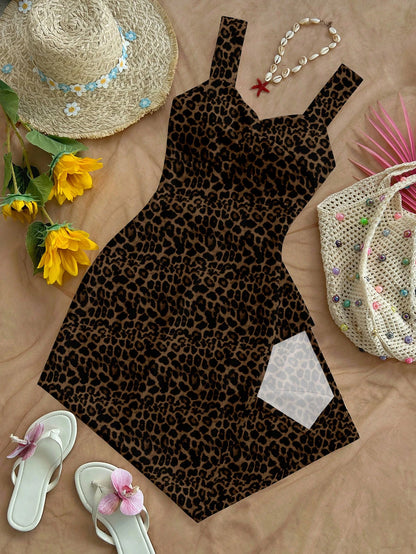 Soleia Women's Leopard Print Retro Elegant Pattern Sleeveless Midi Dress, Suitable For Outings, Vacations, Weddings, Parties, Birthdays