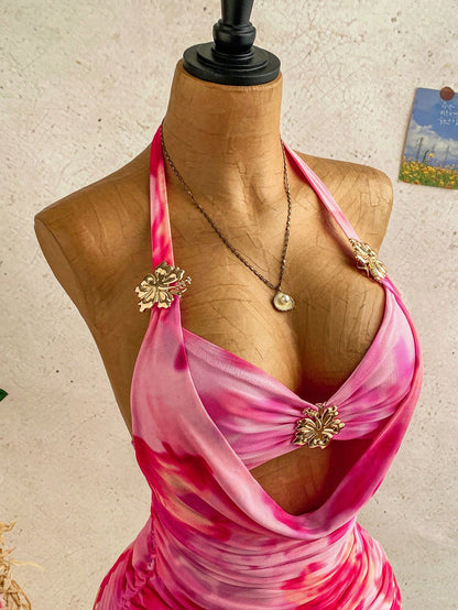 Soleia Women's Light Pink Halter Tie-Up Metallic Floral Decor Deep Draped Neck Bodycon Mini Dress,70's Party Disco Party Night Beach Outfits,No Chest Padding