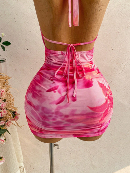 Soleia Women's Light Pink Halter Tie-Up Metallic Floral Decor Deep Draped Neck Bodycon Mini Dress,70's Party Disco Party Night Beach Outfits,No Chest Padding