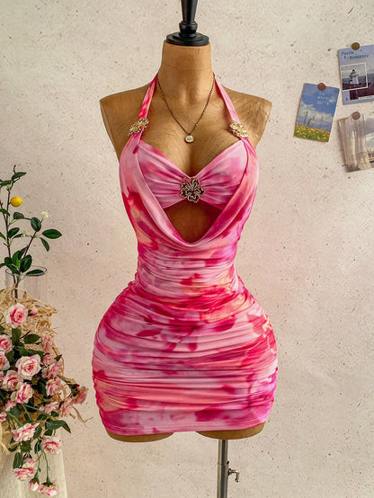 Soleia Women's Light Pink Halter Tie-Up Metallic Floral Decor Deep Draped Neck Bodycon Mini Dress,70's Party Disco Party Night Beach Outfits,No Chest Padding