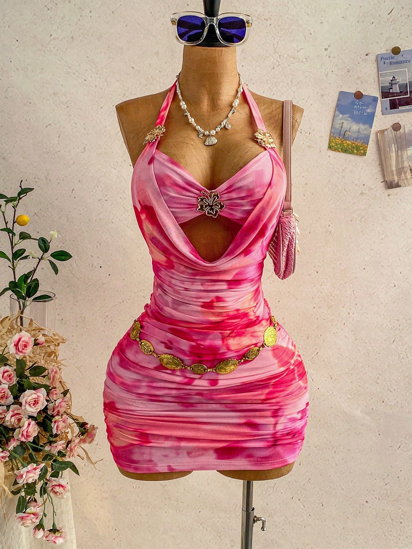 Soleia Women's Light Pink Halter Tie-Up Metallic Floral Decor Deep Draped Neck Bodycon Mini Dress,70's Party Disco Party Night Beach Outfits,No Chest Padding