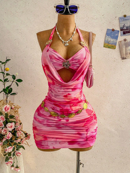 Soleia Women's Light Pink Halter Tie-Up Metallic Floral Decor Deep Draped Neck Bodycon Mini Dress,70's Party Disco Party Night Beach Outfits,No Chest Padding
