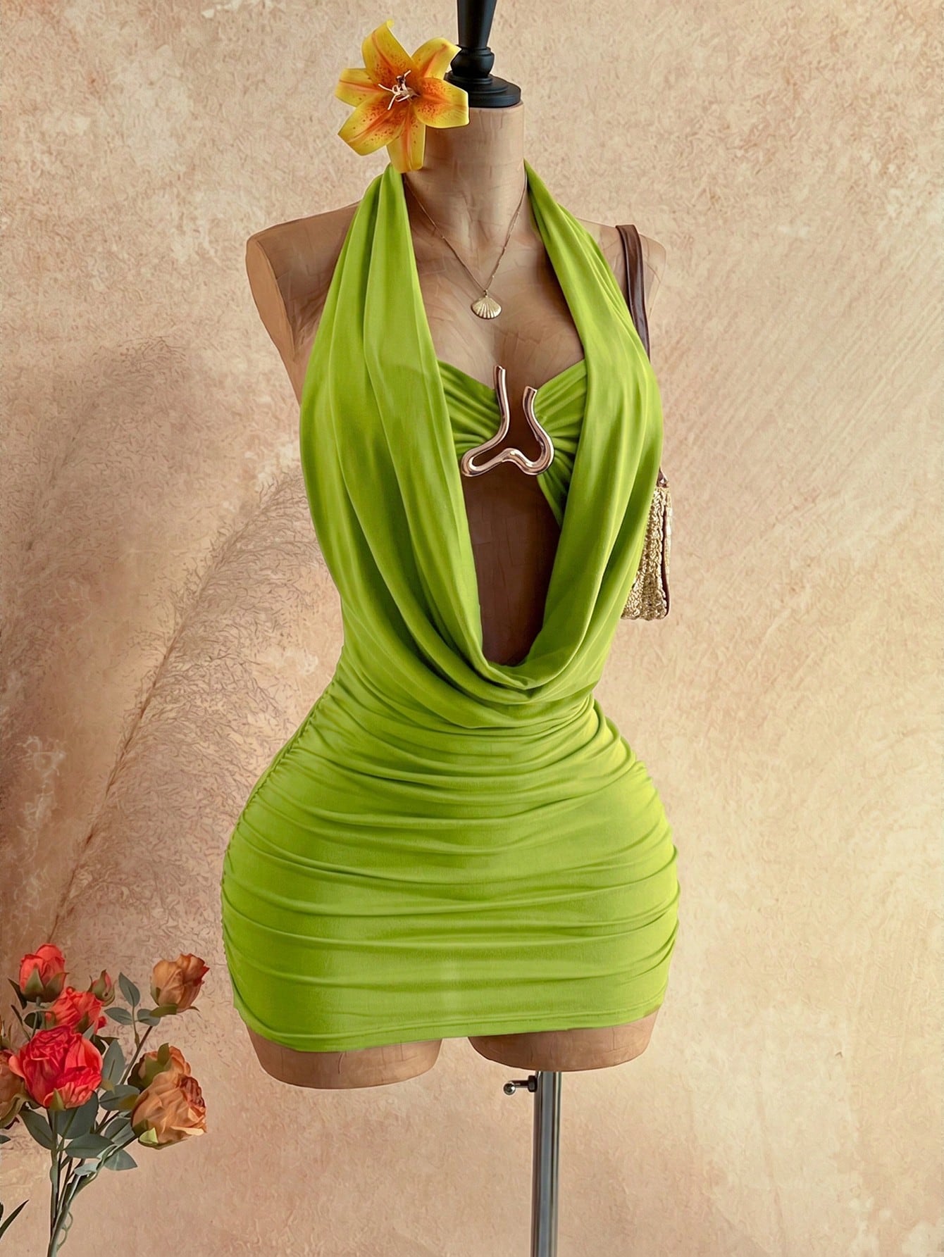 Soleia Women's Metal Connected Hollow Out Plunging Neck Sexy Mini Dress,Summer Dresses For Women,No Breast Pads